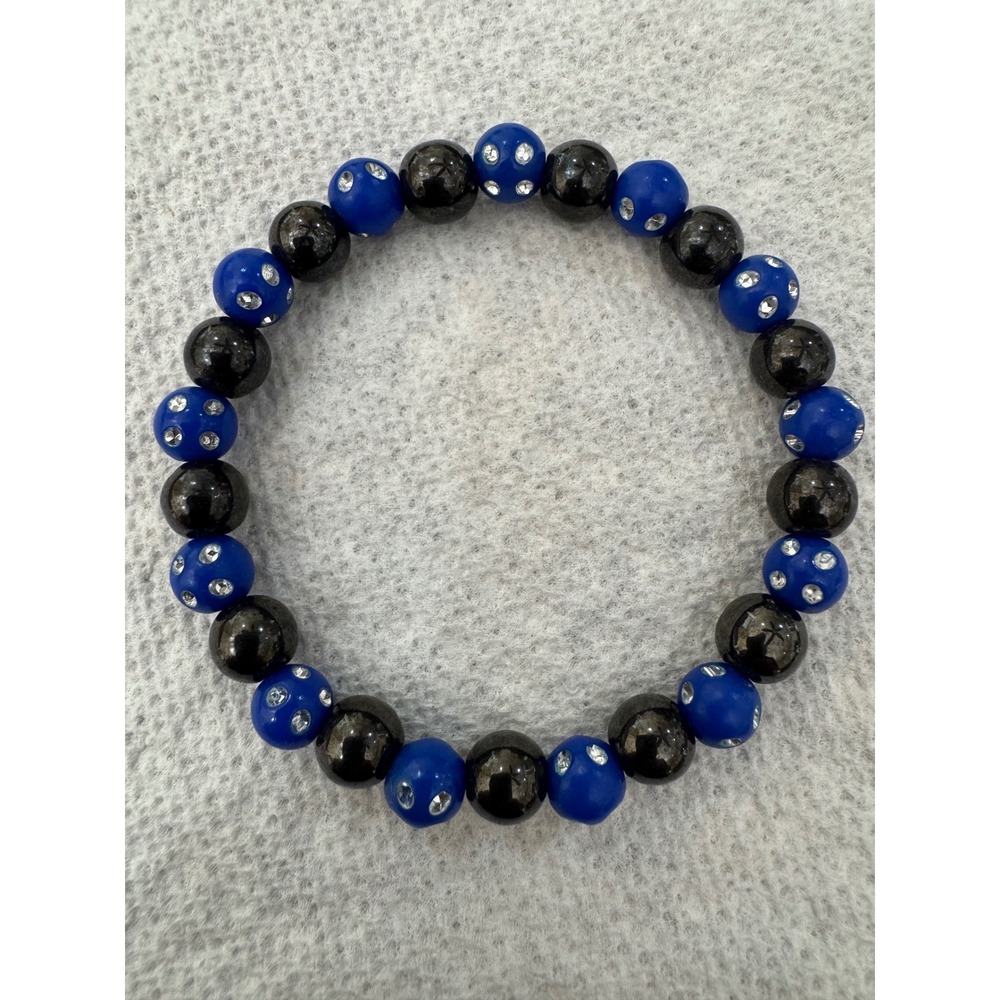 Blue‎ Stone Stretch Bracelet with Rhinestones & Black Magnetic Hematite Stones